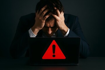 Man in suit holding head in despair over laptop with warning symbol