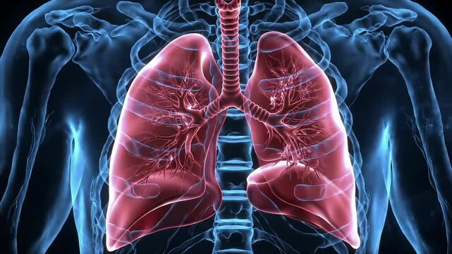 Human body anatomy showcasing the respiratory system with lungs highlighted in red for medical illustration.