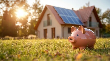 Piggy bank in front of a house with solar panels, symbolizing savings and sustainable energy.
