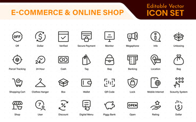 E-Commerce set of web icons in line style. Online shopping icons for web and mobile app. Business, mobile shop, digital marketing, bank card, gifts, sale, delivery. Vector illustration