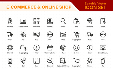 E-Commerce set of web icons in line style. Online shopping icons for web and mobile app. Business, mobile shop, digital marketing, bank card, gifts, sale, delivery. Vector illustration
