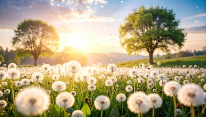 Dandelion Field with Gentle Breeze Under the Pastel Dreamy Sky at Sunset