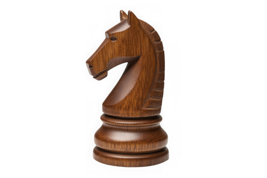 Detailed wooden chess knight piece, game strategy element, tournament play, competition, wood carving, isolated on transparent background