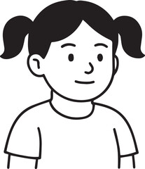 Cartoon girl with ponytails, black and white line drawing