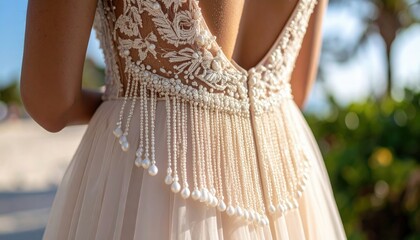 Detail of Embroidered Bead Fringe on a Cocktail Dress Showing Back with White Pearls in Daylight