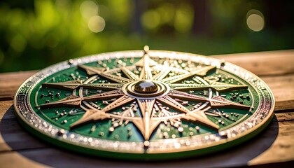 Detailed Close-up Of Gold And Green Compass With Starburst Etched Design On Wooden Surface