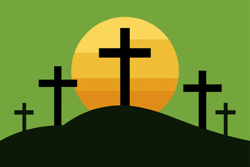 Sunset Silhouette Three Crosses on a Hilltop