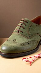 Detailed Olive Green Suede Leather Shoe with Red Stitching and Laces Against a Neutral Brown Background