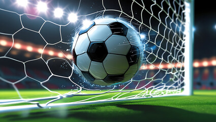 classic black and white soccer ball on a grassy field, with a beautiful sunset in the background.