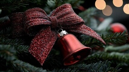 A festive red bell ornament on a Christmas tree branch.  A  sparkly red bow adds to the holiday cheer - Powered by Adobe