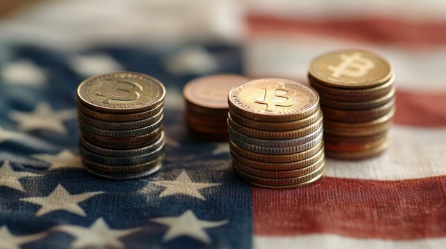 Stacks of Bitcoin and US coins on American flag.