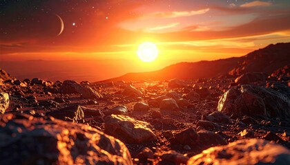 Dramatic Sunset Over Rocky Exoplanet Surface With Binary Sun and Celestial Bodies
