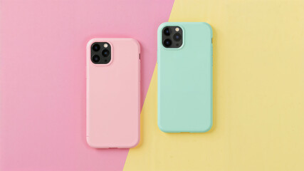 Two pastel colored smartphones lying on pink and yellow background