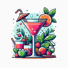 Stylized graphic design depicting a cocktail with various fruits and garnishes in bold vibrant colors.