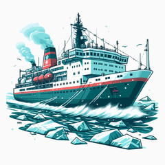 Bold graphic illustration of a vessel moving through icy water, filled with vibrant color.