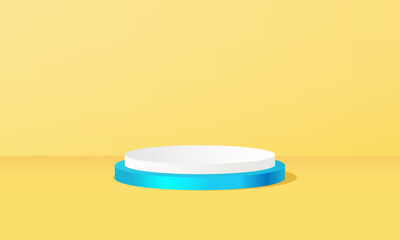 Blue and white podium on yellow background for advertising, product presentation
