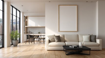 Modern apartment interior beige sofa dining area large windows wooden floor