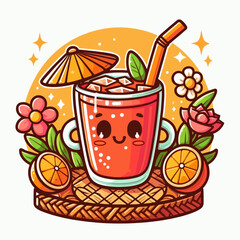 Vibrant cartoon illustration of a refreshing drink, featuring a cute design and surrounding floral elements.  It evokes a summer theme.
