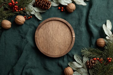 Wooden Round Tray with Festive Greenery and Nuts on Dark Green Fabric