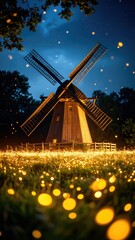 Enchanting Night Scene Of A Illuminated Windmill And Fireflies Glowing Over A Green Field With A Dark Blue Sky