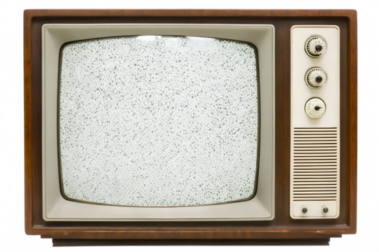 Wooden television with static screen and knobs isolated on a transparent background