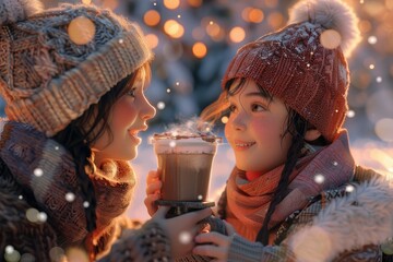 detailed visual  of Child and her mother enjoying hot chocolate