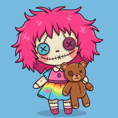 This whimsical doll with pink hair, button eyes, and a stitched smile holds a teddy bear, dressed in a rainbow skirt and striped socks — blending cuteness with quirky charm.