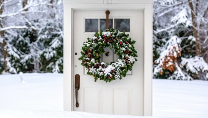 Festive Holiday Wreath Adorned on a Frosty White Door in a Snowy Winter Landscape
