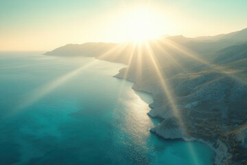 Sunshine illuminates the serene coastline of Greece with stunning mountain views, Greece nature aerial Sunshine over mountain, bright sun light rays and beams