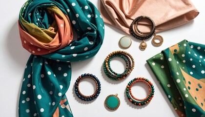 Flat Lay Composition Of Polka Dot Scarf Colorful Bangles And Retro Earrings On White Background