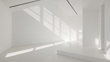 Obraz premium Sunlight illuminating empty white room with pillars and platform