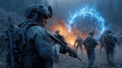 Futuristic war concept, soldiers using energy shields against alien attacks, vibrant force fields, cinematic defense.