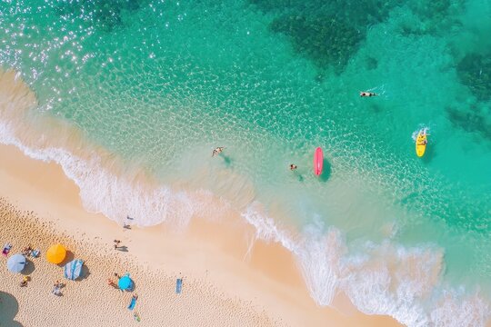 Enjoying a sunny summer day at Tamarama Beach in Sydney with colorful umbrellas and vibrant water activities, Tamarama beach Sydney city Australia Summer water sport activity on sandy beach - Powered by Adobe