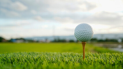 Golf ball on tee in a beautiful golf course with morning sunshine.