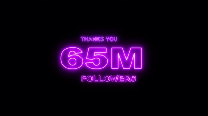 Thank you 65M followers. 65 Million followers realistic neon sign on the brick wall animation. confetti party effects, social media milestone motion graphics animation.