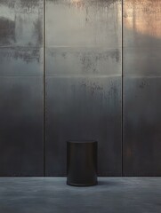 high definition visual of Minimalist industrial metal podium against a steel wall., high detail, 8k
