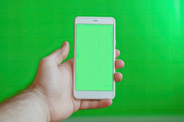 Pixel Perfect Image of Left Hand Holding White Mobile Smartphone Device Green Screen