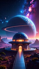 Futuristic Observatory Dome Revealing Ringed Gas Giant and Starry Galaxy View at Night