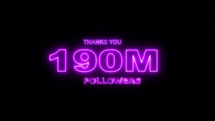Thank you 190M followers. 190 Million followers realistic neon sign on the brick wall animation. confetti party effects, social media milestone motion graphics animation.