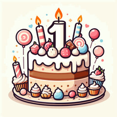 Vibrant illustration of a birthday cake with various candies, cupcakes, and decorations, designed for a celebration.