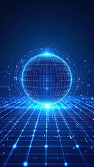 Glowing Blue Sphere with Wireframe Design Hovering Above a Digital Grid Illuminated with Light