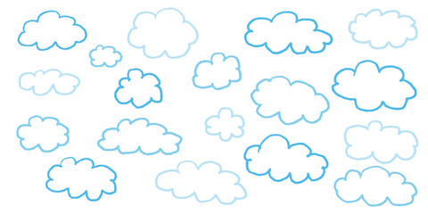 Crayon style cloud and sky background with blue tones and pastel star elements. Hand drawn kid illustration with pencil lines and chalk textures. Brush painted sky shapes for childrens design use.