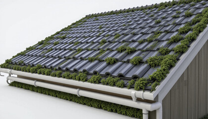 Sloped roof covered with dark solar tiles and patches of green moss creates eco friendly and sustainable design. white gutters complement natural aesthetic
