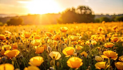 Golden Poppy Field Under The Summer Sky With Warm Sunlight and Lush Yellow Flowers
