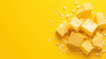 Cubes of vibrant yellow cheese scattered on a matching yellow background, with crumbs and cheese shavings creating a delightful textural effect.