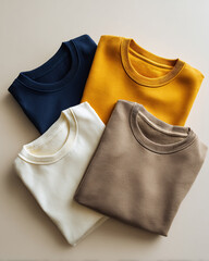 Four Neatly Folded Crewneck Sweatshirts in Neutral and Earthy Tones