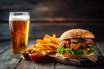 A burger sits on a cutting board next to fries a glass of beer and small bowls of red sauce