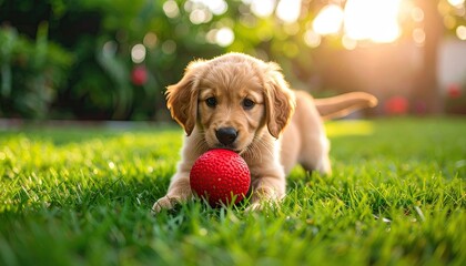 Golden Retriever Puppy Playing With A Red Ball On Lush Green Grass In Sunny Daylight