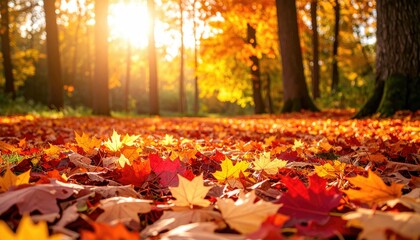Golden Sunlight Illuminates Autumn Forest Floor Covered In Vibrant Red and Gold Maple Leaves