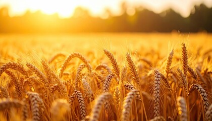 Golden Wheat Field Illuminated By Warm Sunlight during Sunset under Clear Sky